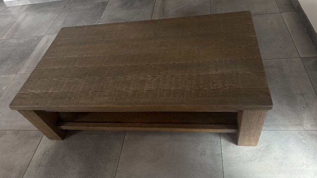 Te koop: Massief teakhouten salontafel in nette staat, Huis en Inrichting, Tafels | Salontafels, Ophalen, Gebruikt, 100 tot 150 cm