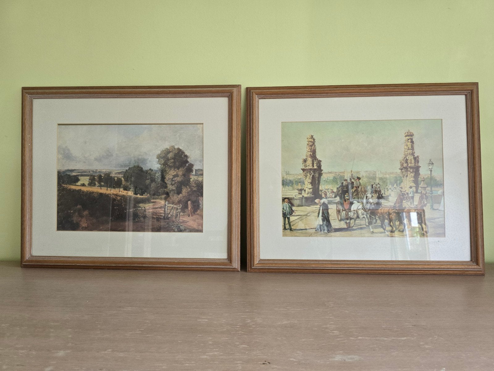 Set van 2 antieke ingelijste prints - Landschap en scène van, Ophalen