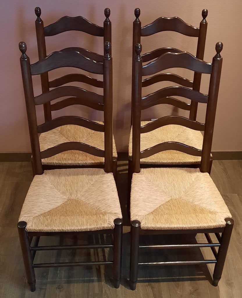 4 Massief eiken stoelen met gevlochten rietzitting, Huis en Inrichting, Ophalen, Bruin, Zo goed als nieuw, Vier