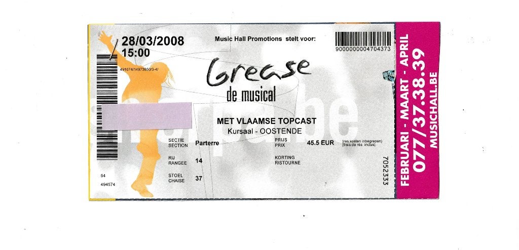 Grease - musical - ticket - Kursaal Oostende - 28/03/2008, Ophalen of Verzenden, Gebruikt, Overige typen