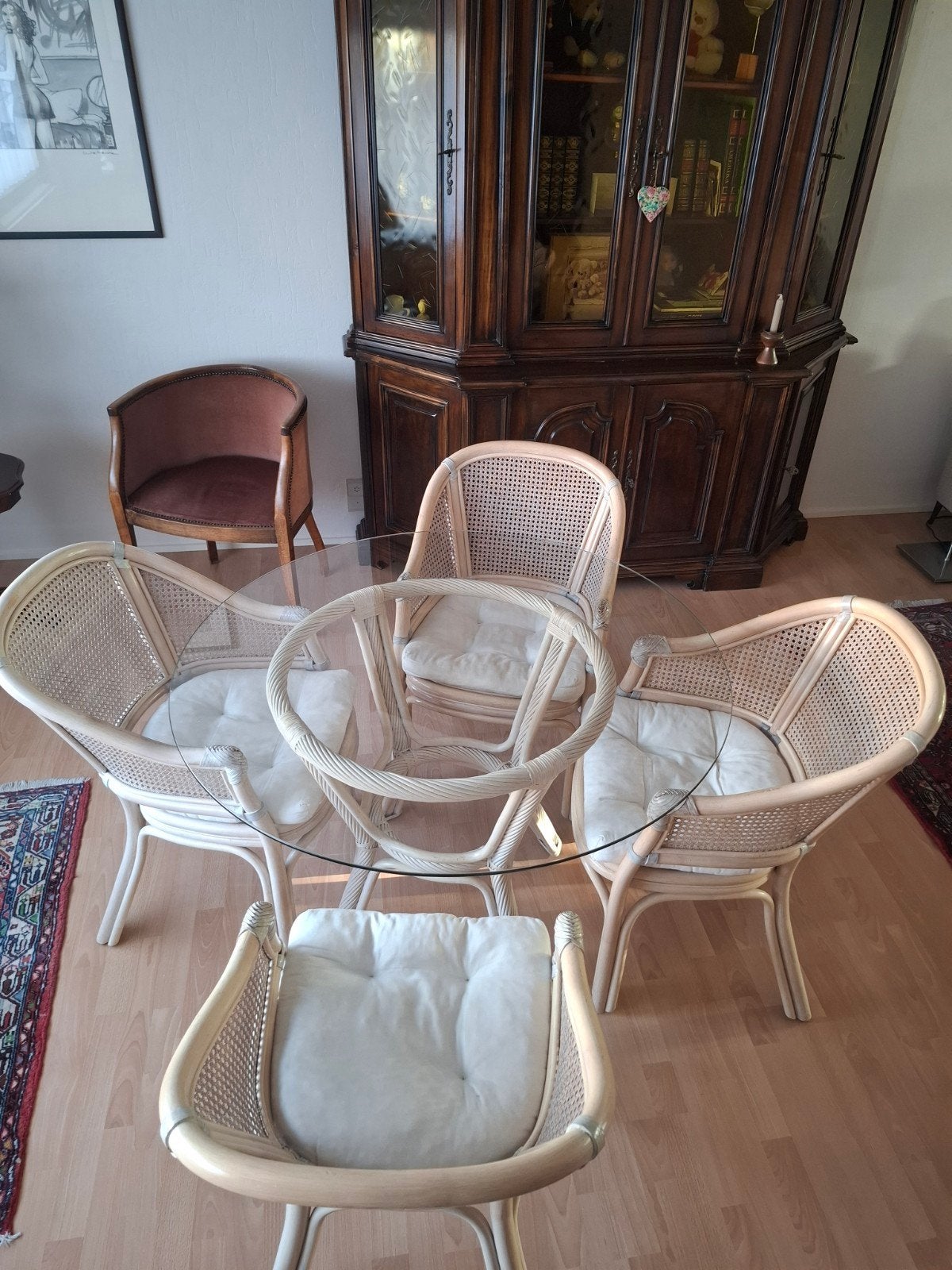 Boho Chic Rotan Eetkamerset | Ronde Glazen Tafel + 4 stoelen, Enlèvement