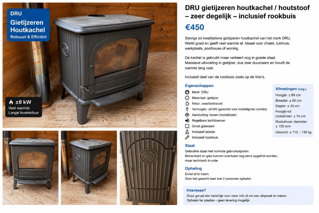 DRU gietijzeren houtkachel / houtstoof – zeer degelijk, Enlèvement, Utilisé, Bois, Autoportant