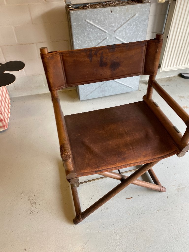 Vintage leder stoel met bambou detail, Ophalen, Gebruikt, Bruin, Vintage