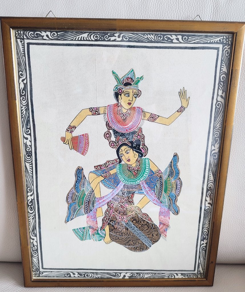Bali: traditionele schilderkunst op canvas — dansers, Schilderij, Natuurlijk materiaal, Geschilderd, Ophalen of Verzenden