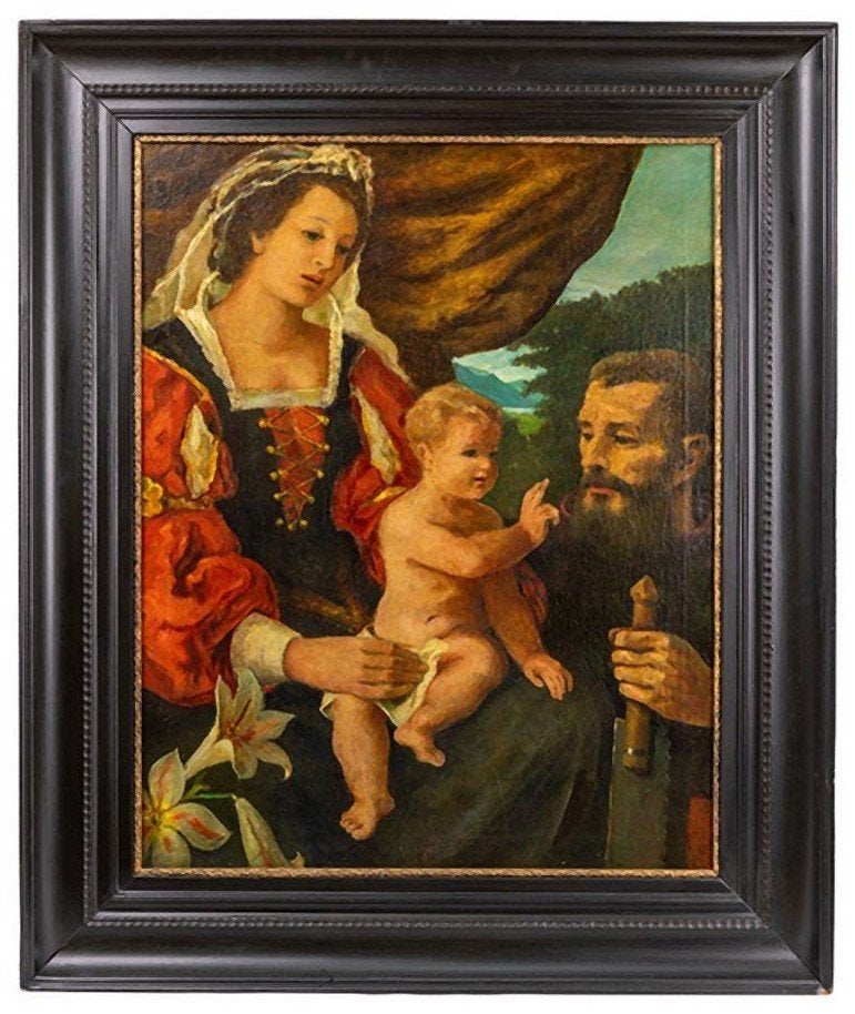 ZEER GROOT OLIEVERFSCHILDERIJ JAN GOSSAERT. Maria kind Jezus, Ophalen, Bijzondere lijst, Olieverf, Doek