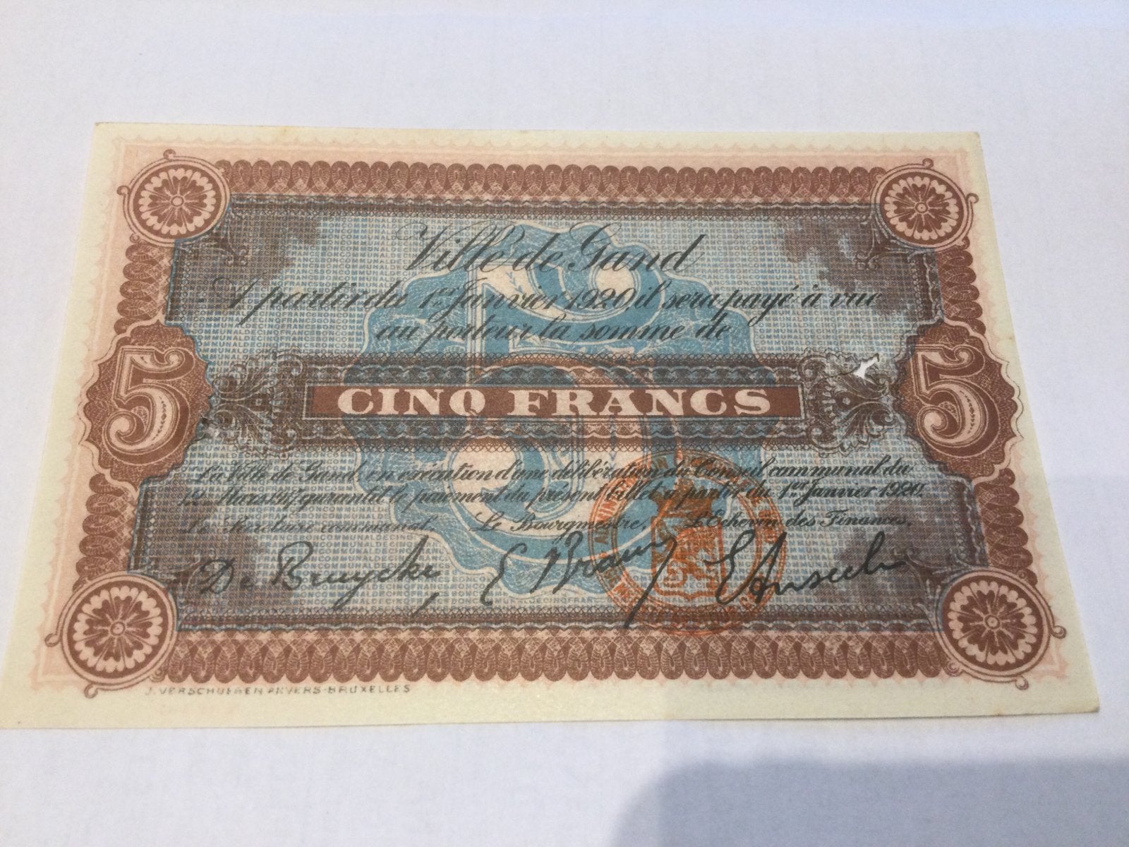 België Gent 5 Frank noodbiljet 1920, Postzegels en Munten, Bankbiljetten | België, Ophalen of Verzenden