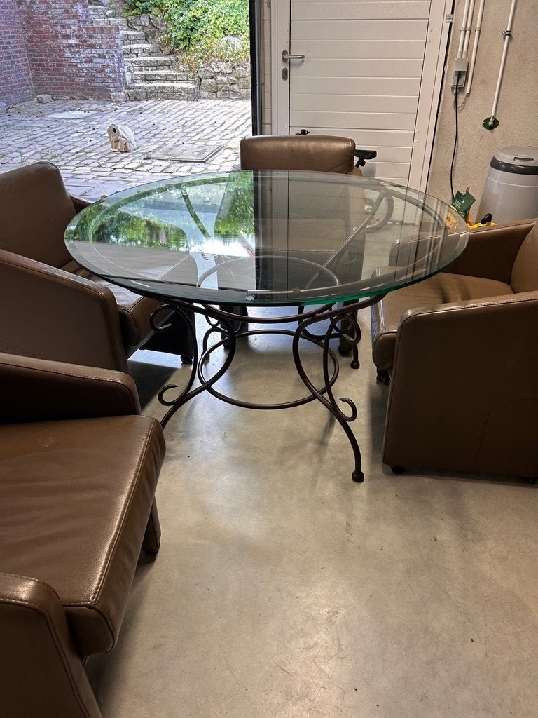 Glazen tafel met gietijzeren onderstel incl 4 stoelen, Ophalen, Gebruikt, Vijf personen of meer, 100 tot 150 cm