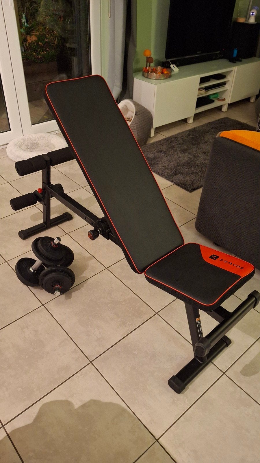 inklapbare halterbank van Dombo's (Decathlon) + halters, Ophalen, Zo goed als nieuw, Halterset