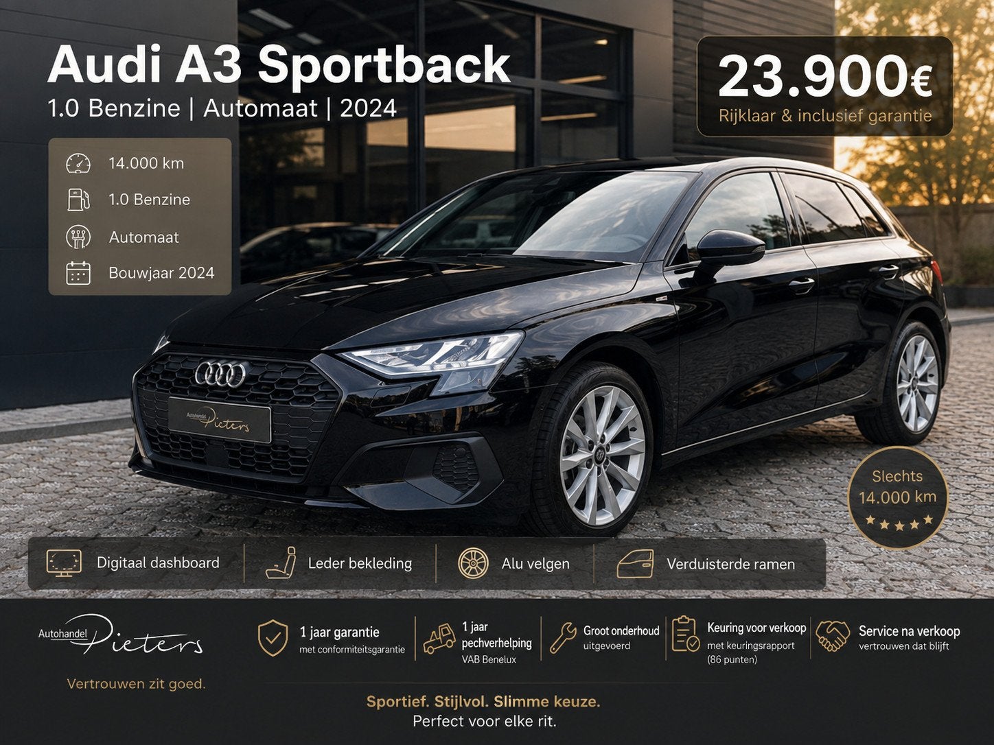 Audi A3 Sportback Business AUTOMAAT - 14000 km, Gebruikt, Zwart, Leder, Bedrijf