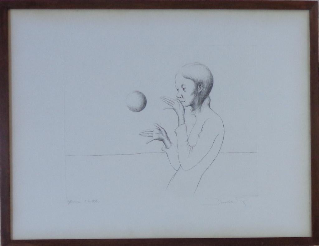 ROLAND DEVOLDER / ZWEVENDE BAL / ZW-W ETS / 53x69cm / KADER, Antiek en Kunst, Ophalen of Verzenden