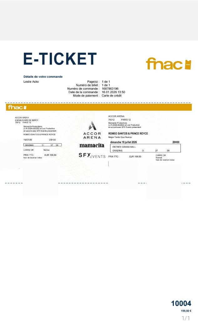Concert Roméo Santos et Prince royce, Tickets en Kaartjes, Eén persoon, Juli