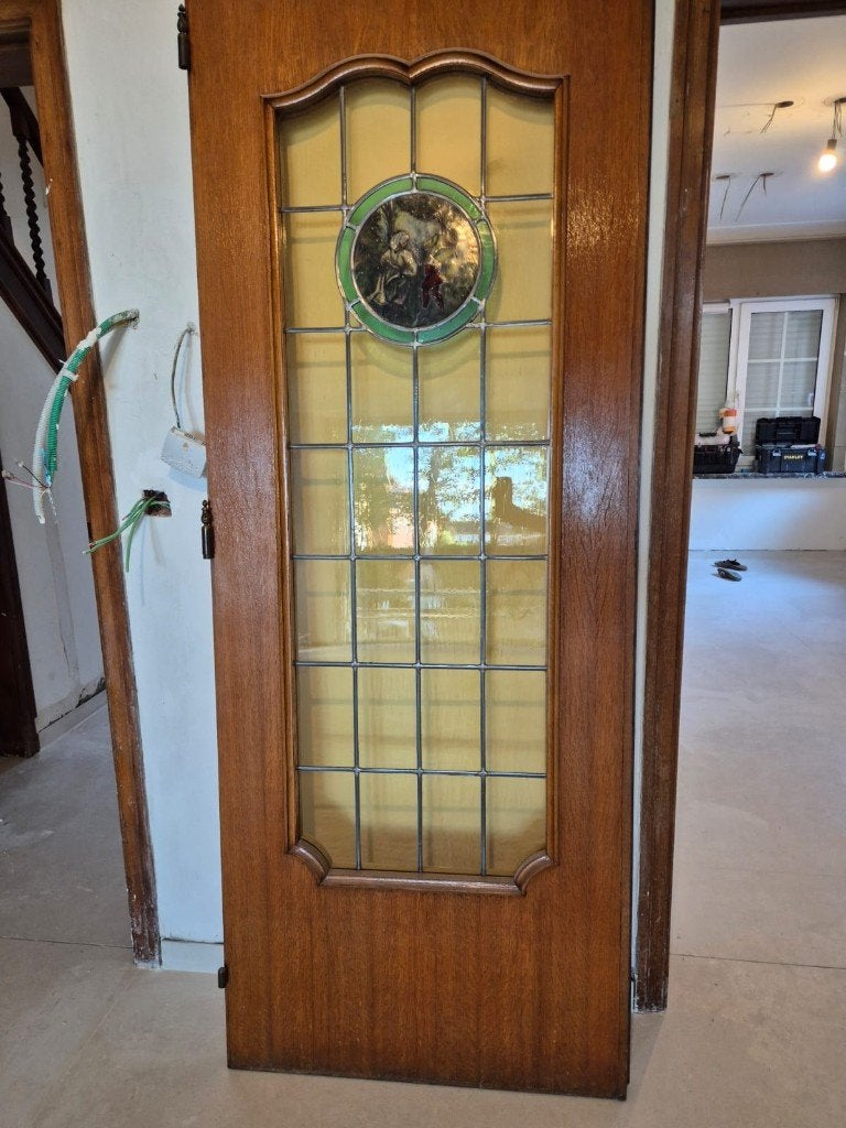 Vintage dubbele houten binnendeur met glas-in-lood, Ophalen