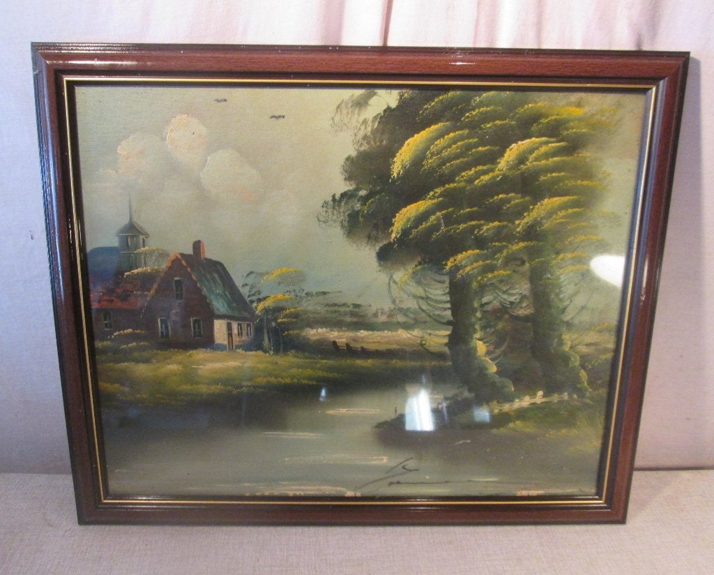 Mooi Geschilderd Werk 'Huis en Rivier' - gesigneerd, Antiek en Kunst, Kunst | Schilderijen | Klassiek, Ophalen, Doek, Landschap