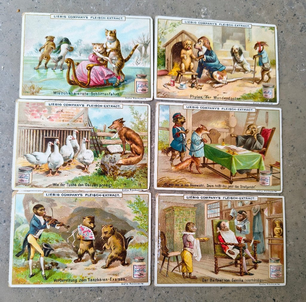 Liebig-Plaatjes ca. 1890 - humordieren, Verzamelen, Ophalen of Verzenden
