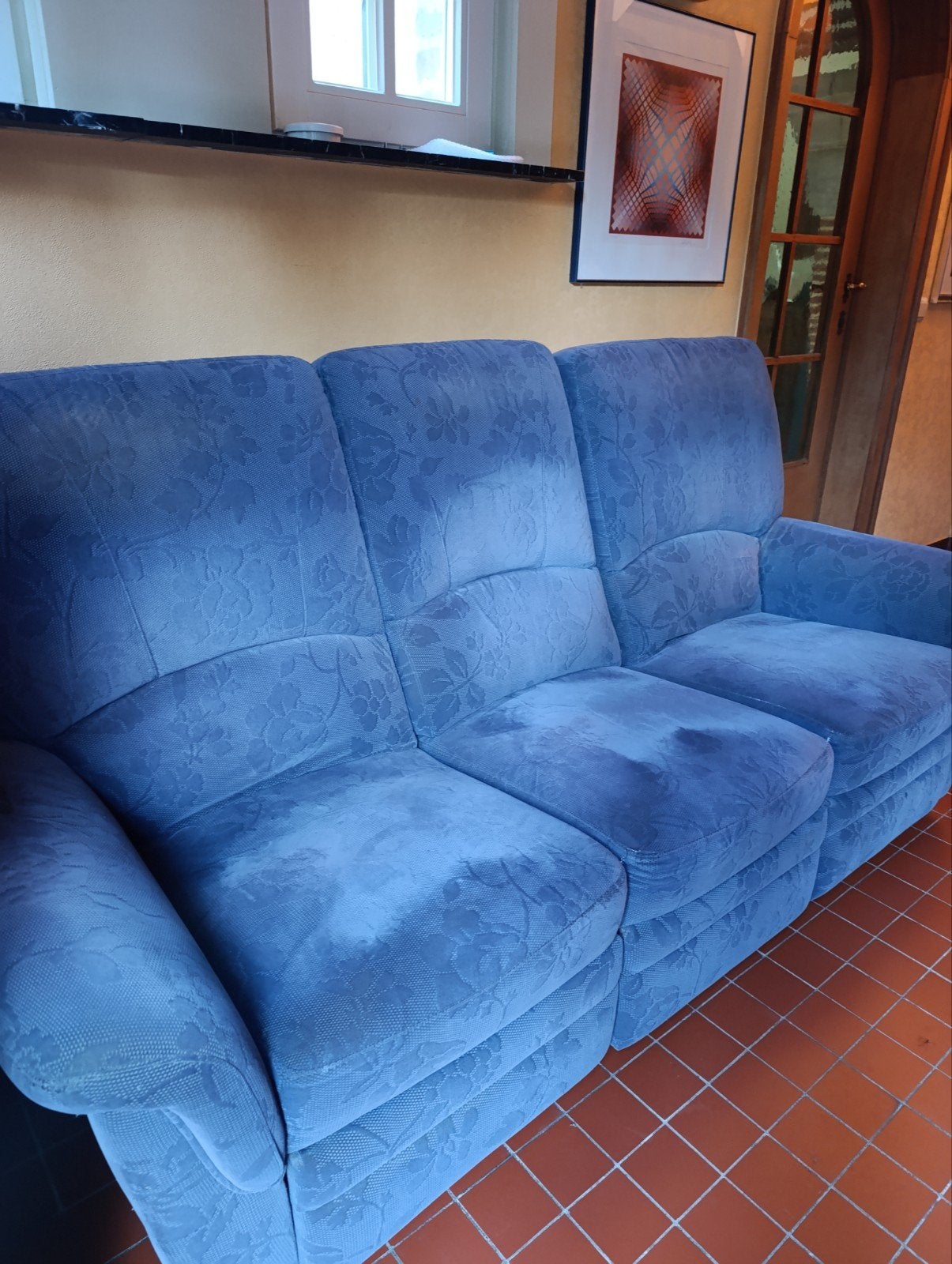 3 zit blauwe zetel, Maison & Meubles, Canapés | Salons, 200 à 250 cm, Banc droit, Enlèvement, Utilisé