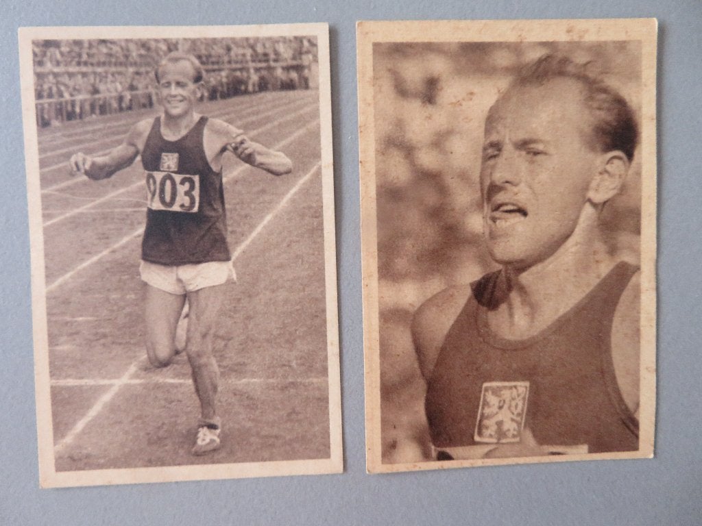 2 chromo,s prenten Olympische Spelen 1952 Emile Zatopek, Ophalen of Verzenden, Zo goed als nieuw, Poster, Plaatje of Sticker