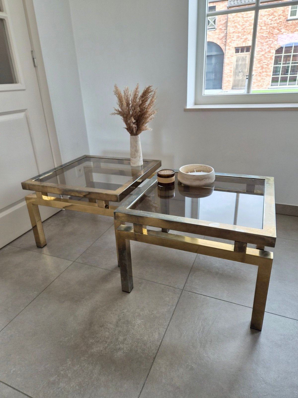 Set van 2 Originele Belgo Chrome Salontafels (Jaren '70, Huis en Inrichting, Ophalen, Glas