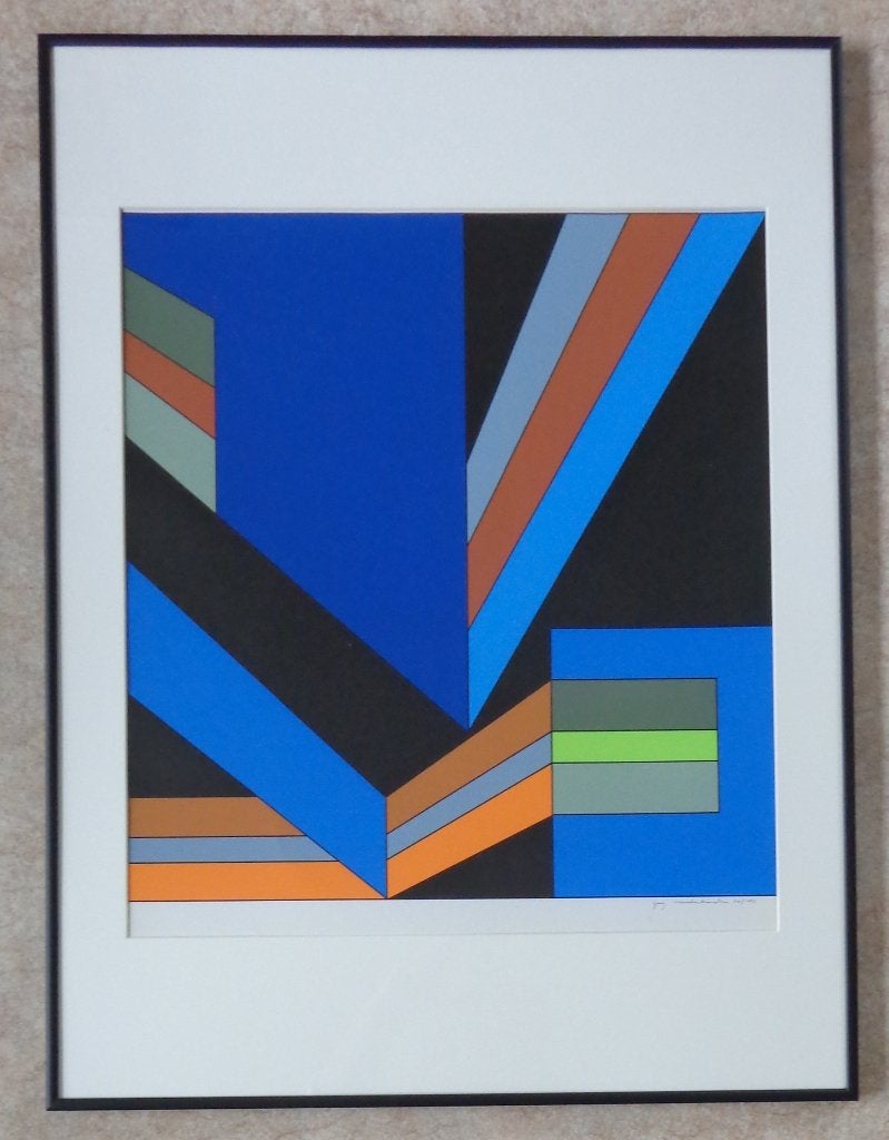 GUY VANDENBRANDEN / GEOMETRIE / KLEURZEEFDRUK 81x61cm KADER, Gesigneerd, Ophalen