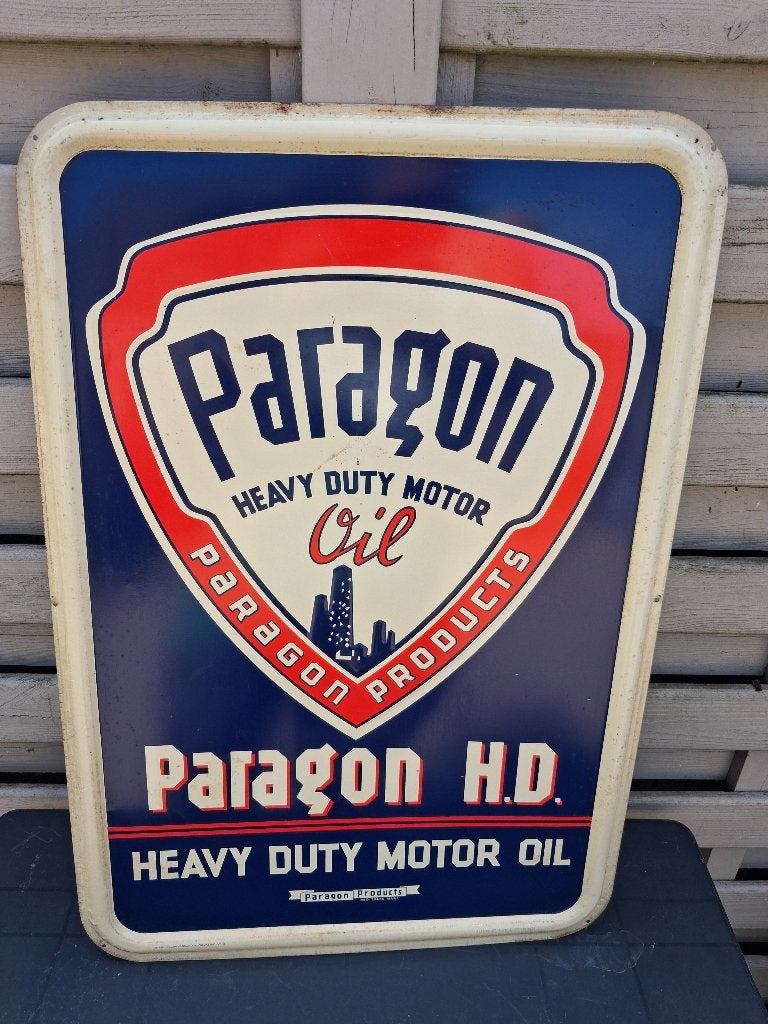 groot blikken bord  PARAGON MOTOR OIL 1954, Verzamelen, Merken en Reclamevoorwerpen, Zo goed als nieuw, Reclamebord, Ophalen of Verzenden
