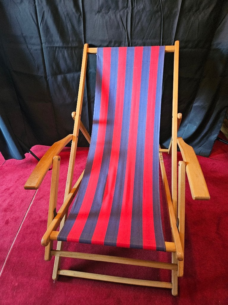 Chaise de plage pliante en bois classique | Bleu rouge, Enlèvement, Comme neuf, Bois, Ajustable