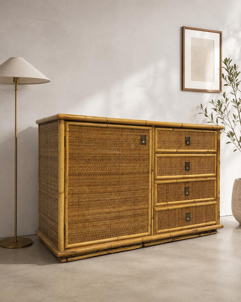 Vintage laag dressoir van rotan en bamboe, Huis en Inrichting, Kasten | Ladekasten, Ophalen