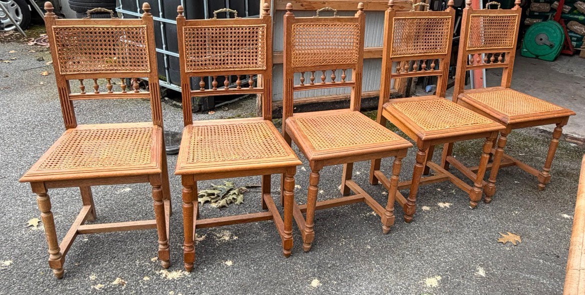 5 chaises anciennes en chêne avec sangles, Antiquités & Art, Enlèvement