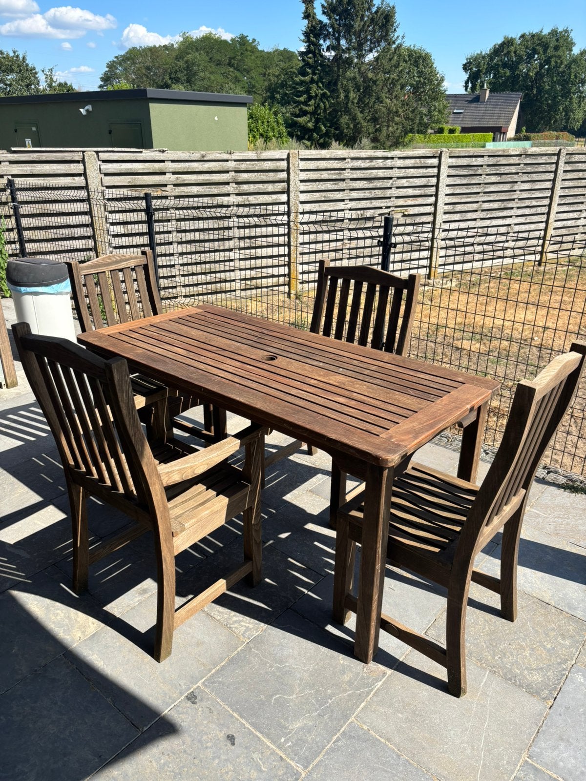 Tuintafel + 4 stoelen in massief Teak, Ophalen, Gebruikt, Teakhout, 4 zitplaatsen