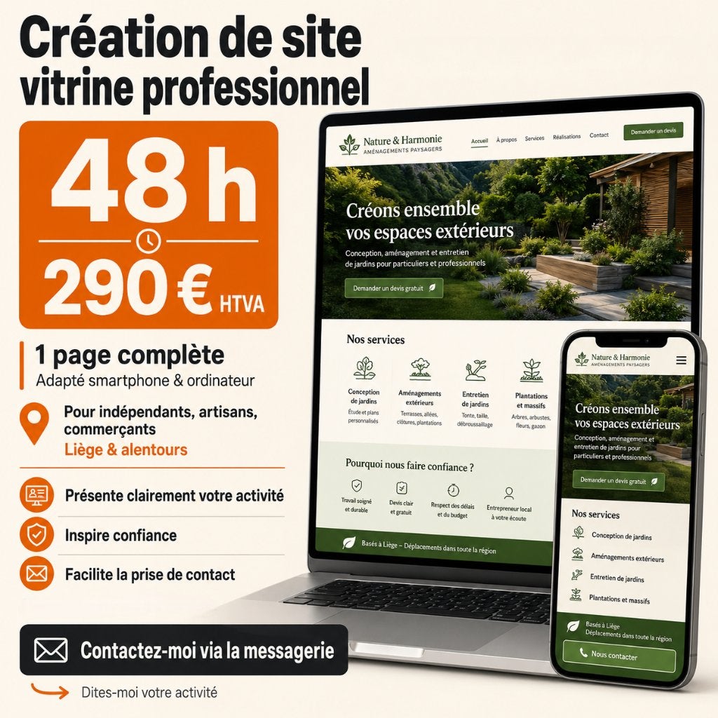 Création de site vitrine professionnel en 48h (290€ HTVA), Diensten en Vakmensen, Webdesigners en Hosting, Website Bouw