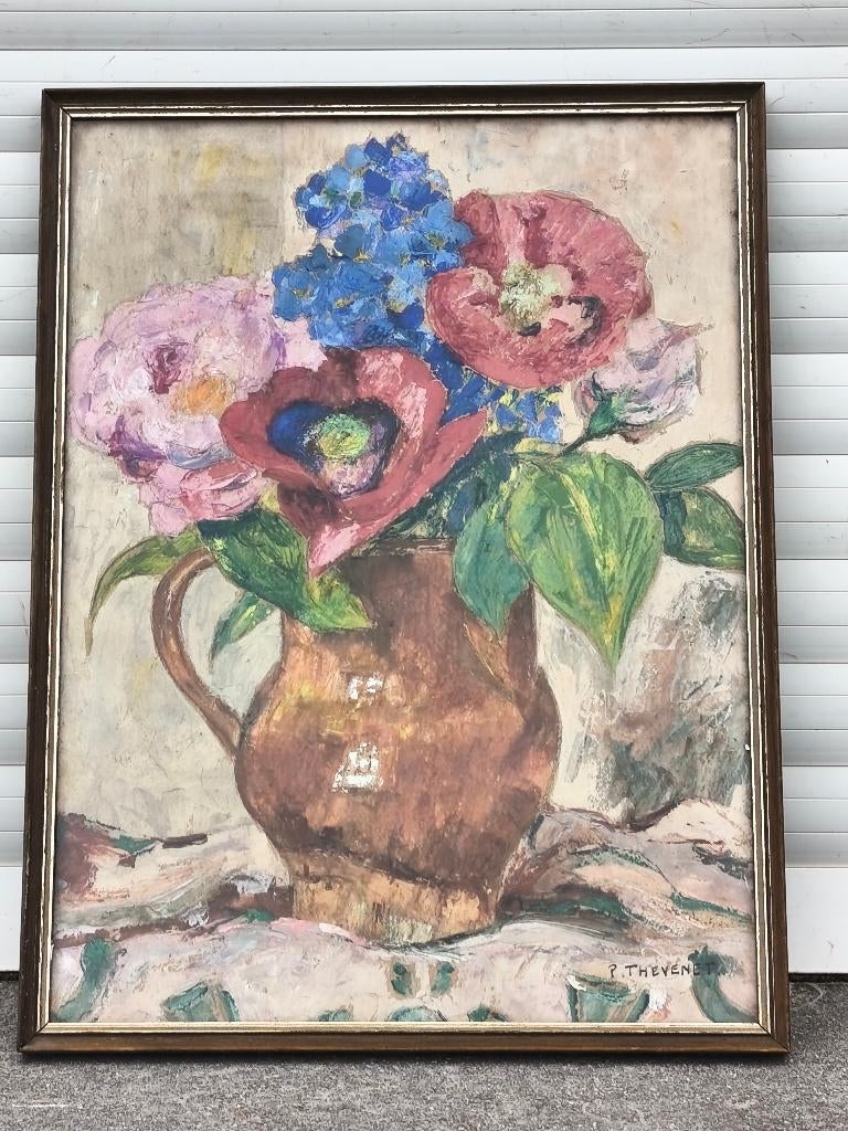 huile sur papier fleurs signe pierre thevenet, Antiek en Kunst, Ophalen of Verzenden