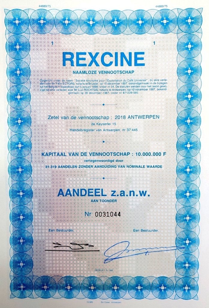 REXCINE (De Keyserlei 15, Antwerpen) 1987, Ophalen of Verzenden, 1970 tot heden, Aandeel