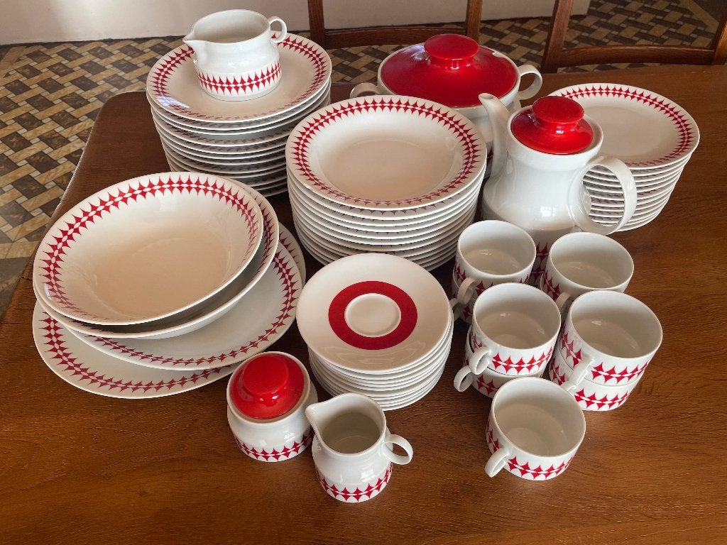 Vintage Kronester Bavaria servies rood-wit +/-64 delig., Ophalen, Gebruikt, Vintage, Porselein