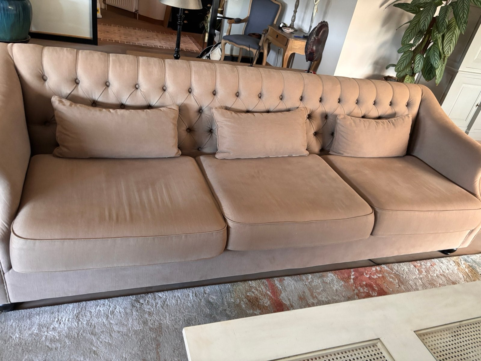 Elegante chesterfield-stijl zetel in zachte velours stof, 250 à 300 cm, Banc droit, Chesterfiel - landelijk of modern, Enlèvement