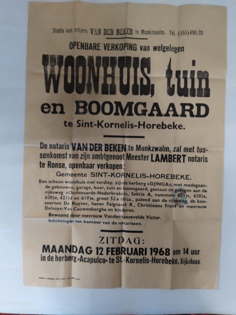 affiche de vente publique 1968 Horebeke, Enlèvement ou Envoi, 20e siècle ou après, Utilisé