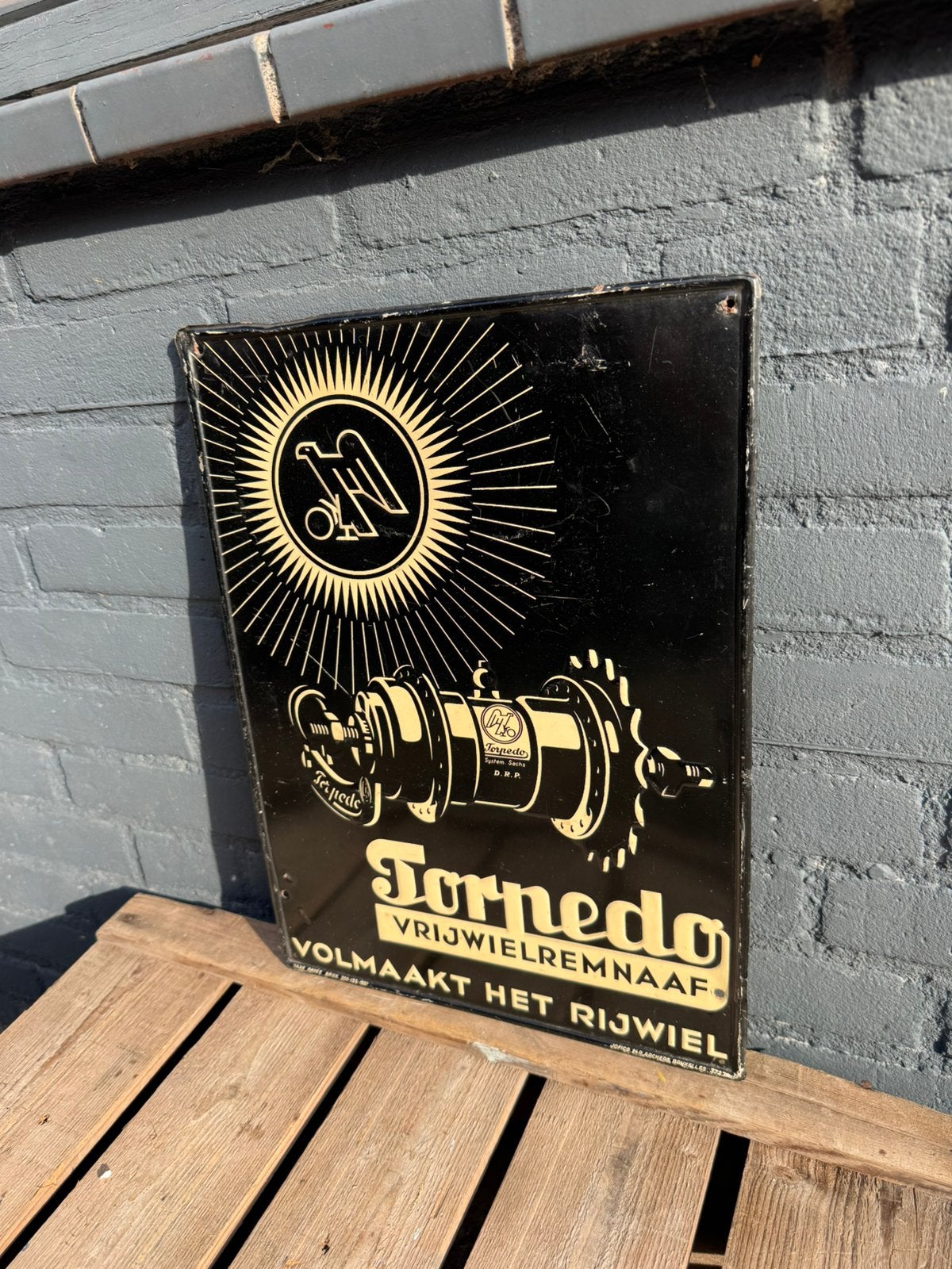 Torpedo Rijwielnaaf oud reclamebord, Verzamelen, Reclamebord, Gebruikt, ., Ophalen of Verzenden