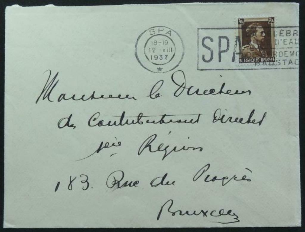 Timbre 427 Léopold III 1936, flamme SPA Ville d’eau 1937, Oblitéré, Enlèvement ou Envoi, Affranchi, Avec enveloppe