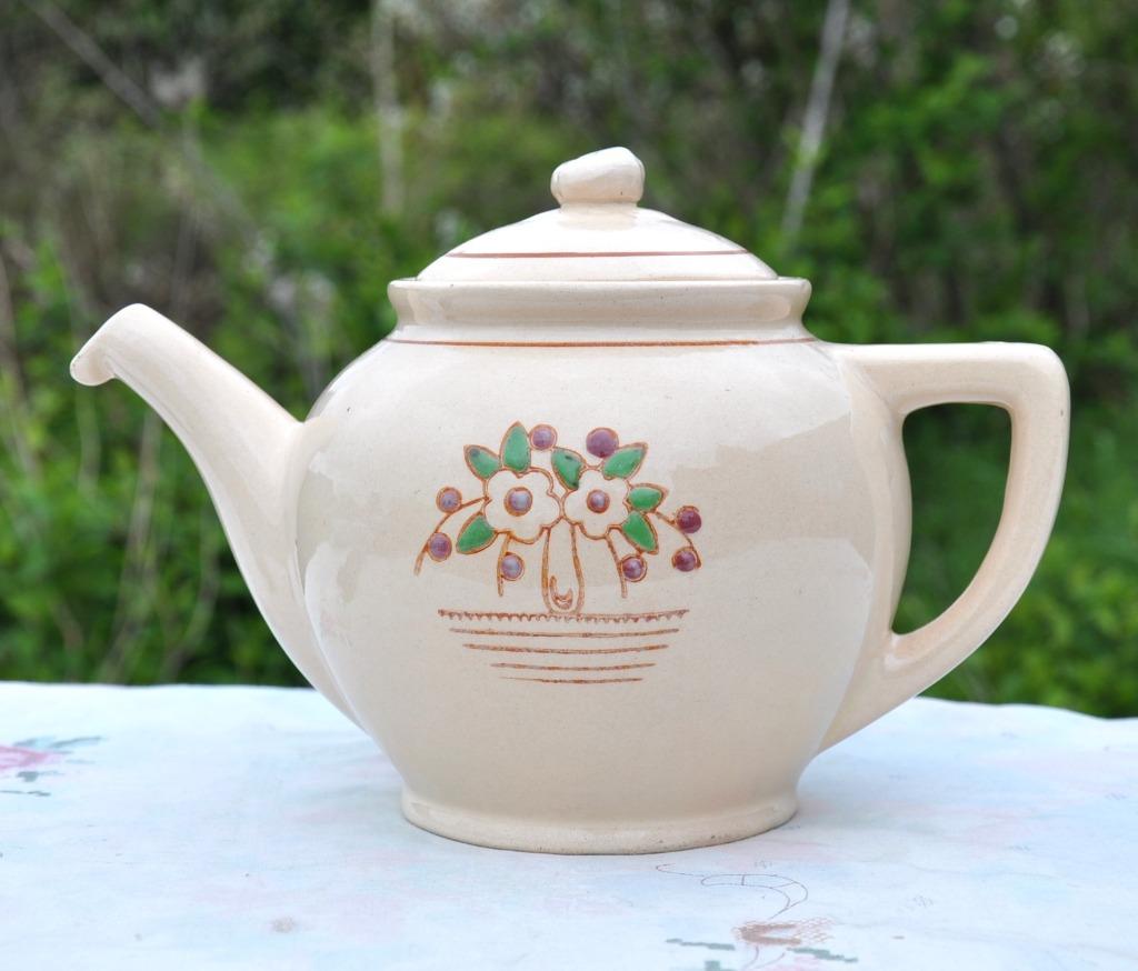 théière longwy beige liseret brun et fleur, Ophalen of Verzenden