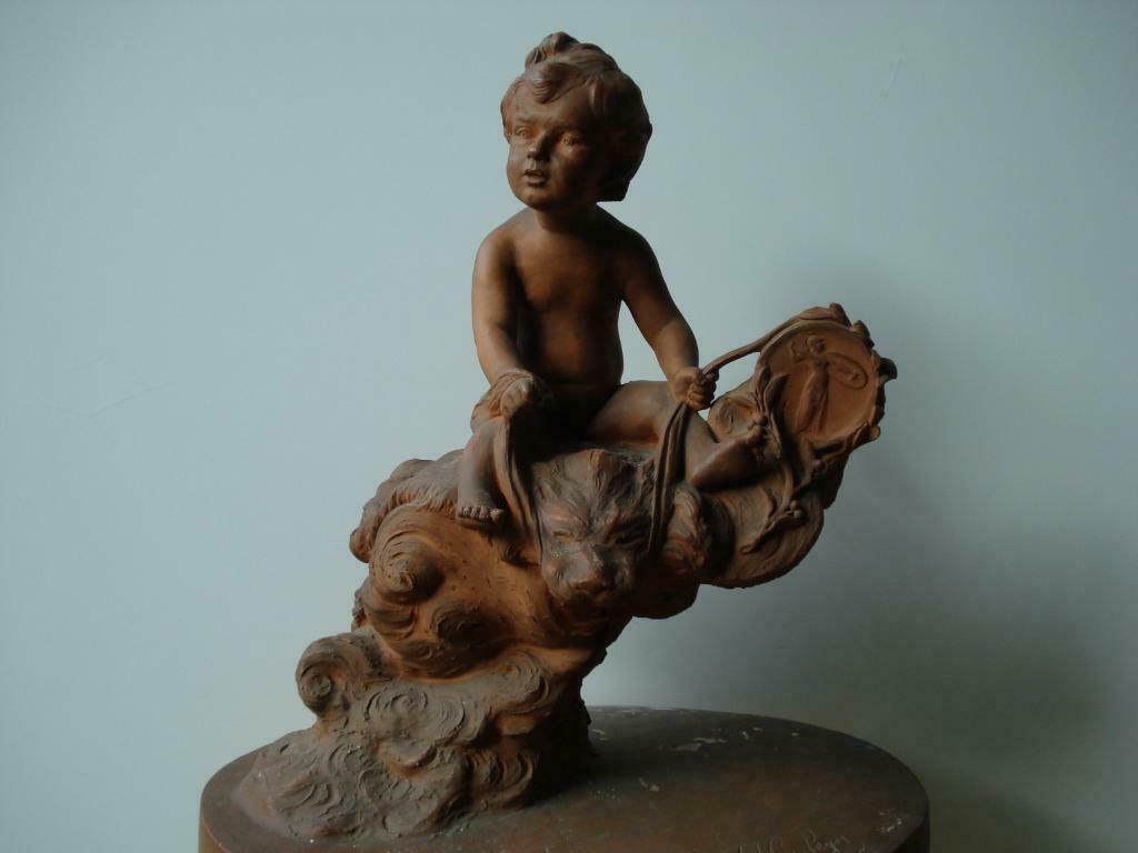 Jos. GELEYN °1863-1934 Bruges XL terre cuite putto & dauphin, Antiquités & Art, Enlèvement