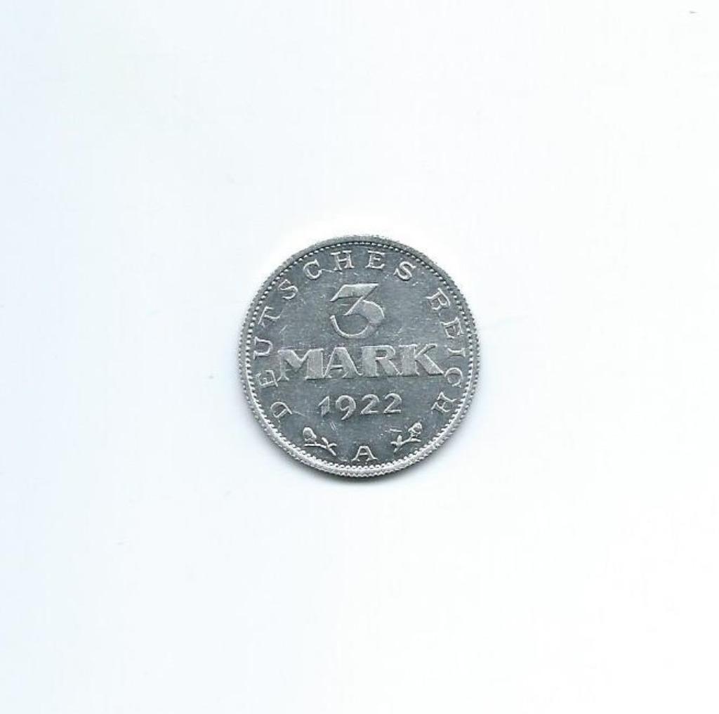 Duitsland, 3 Mark 1922 A (zonder tekst rond adelaar)., Ophalen of Verzenden, Duitsland, Losse munt