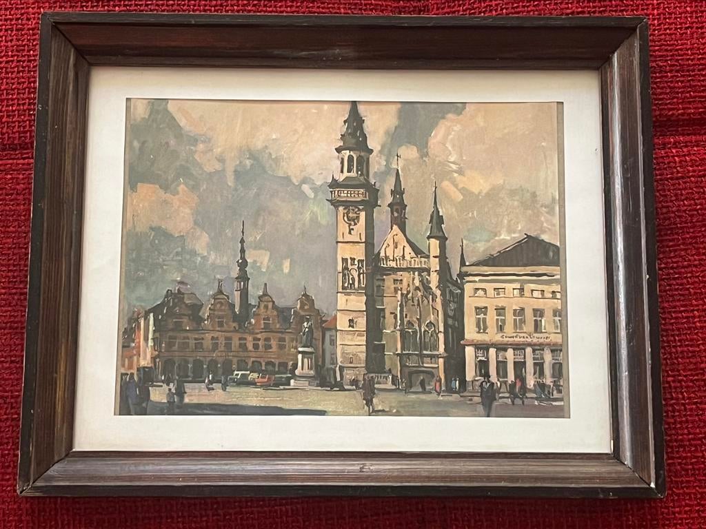 Kader kunstwerk oude prent Aalst, Antiek en Kunst, Kunst | Etsen en Gravures, Ophalen