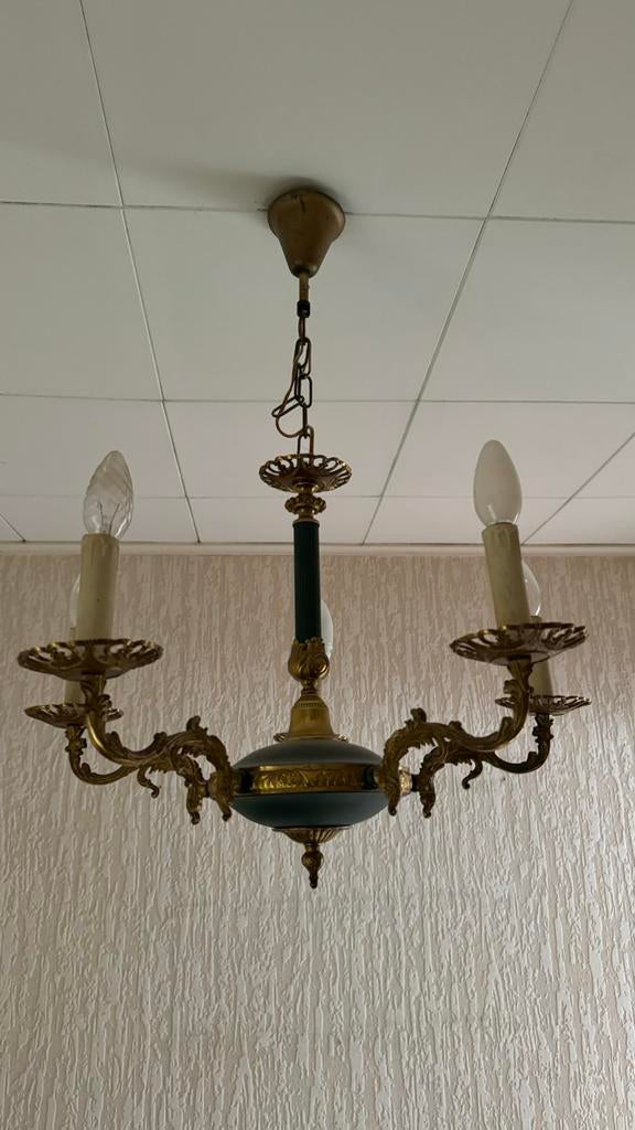 Prachtige vintage kroonluchter in groen en goud, Huis en Inrichting, Lampen | Kroonluchters, Zo goed als nieuw, Metaal, Ophalen