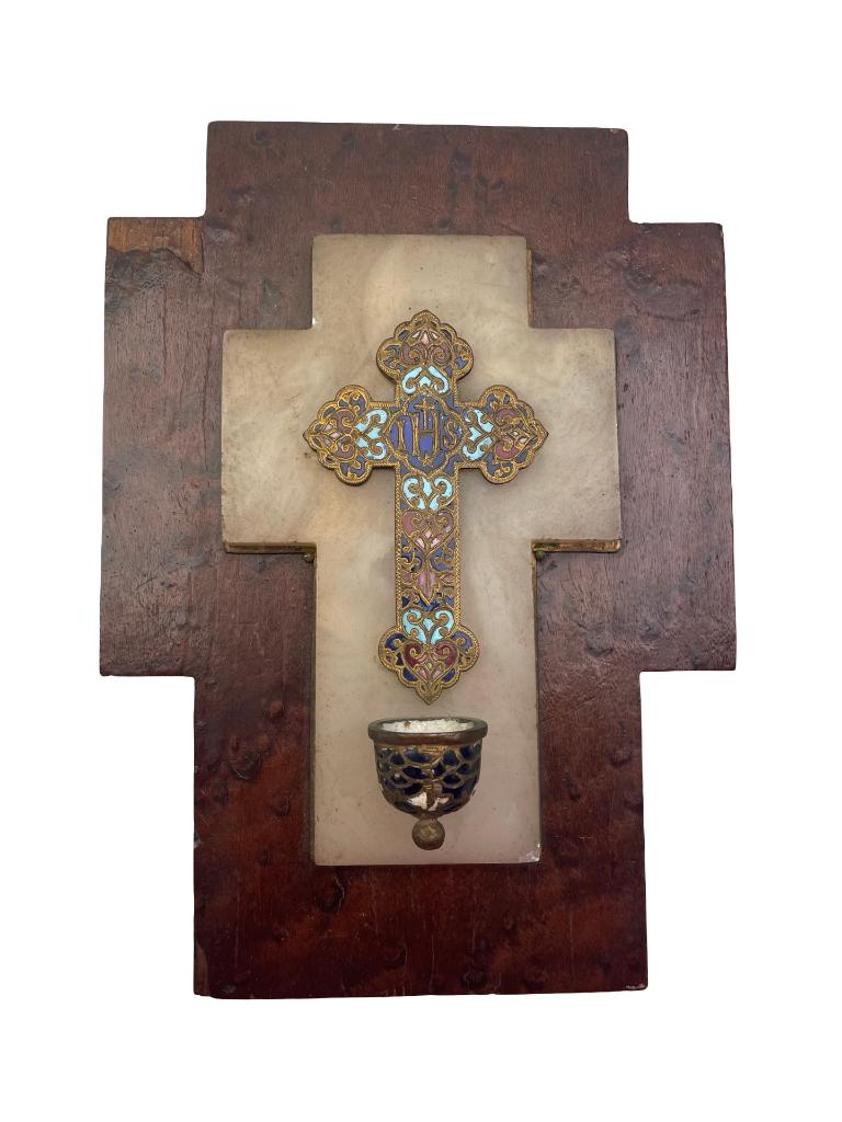 19e-eeuws geëmailleerd kruislettertype van marmer en hout, Antiek en Kunst, Antiek | Religieuze voorwerpen, Ophalen of Verzenden