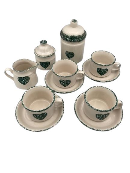 Landelijke koffieset met groene hartjes – 9-delig – keramiek, Huis en Inrichting, Keuken | Servies, Gebruikt, -, Keramiek, -