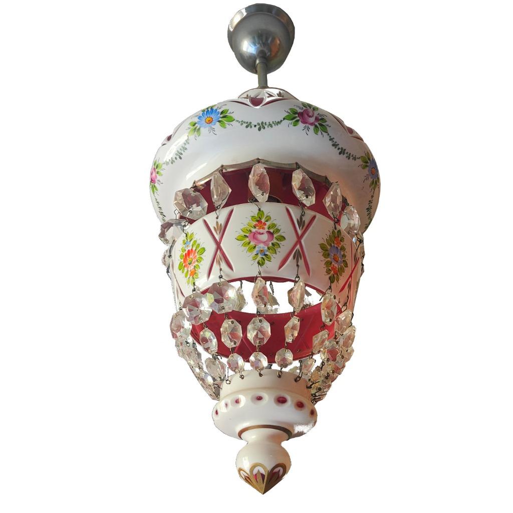 plafondlamp porcelein en kristal, Ophalen of Verzenden, Zo goed als nieuw, Glas