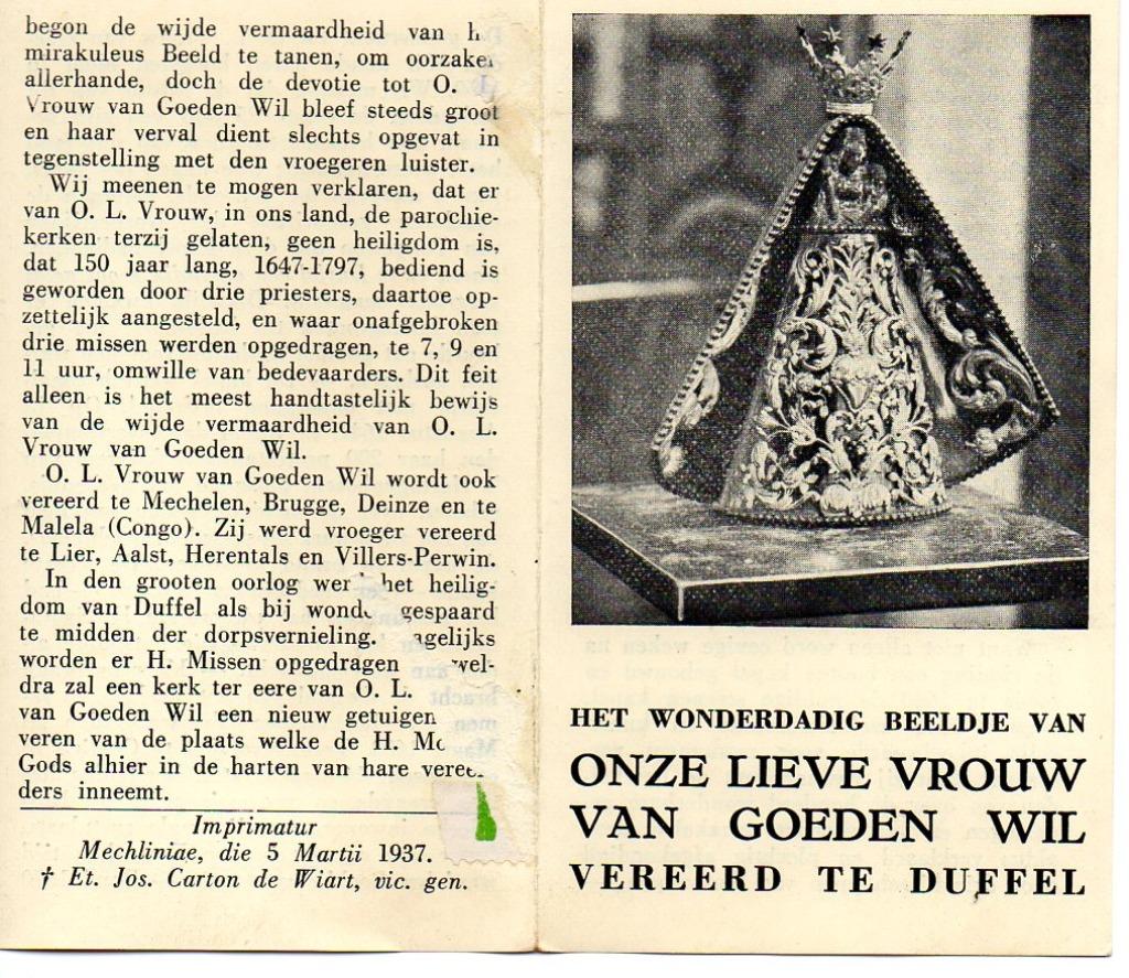 devotieprentje OLV van Goeden Wil / Duffel, Ophalen of Verzenden, Kaart of Prent, Christendom | Katholiek