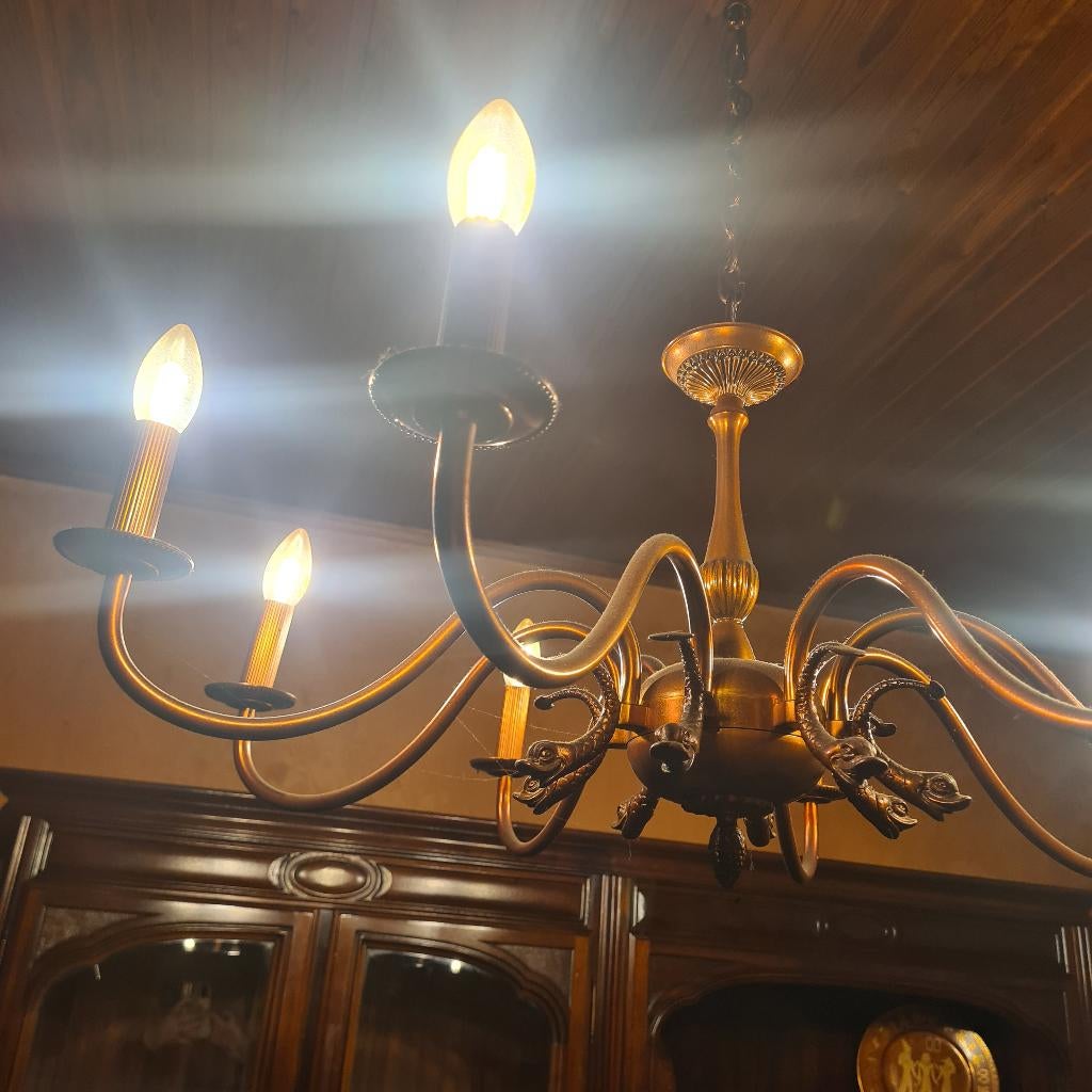 Prachtige oude koperen luchter, Huis en Inrichting, Lampen | Kroonluchters, Ophalen, Zo goed als nieuw, Metaal, Antiek