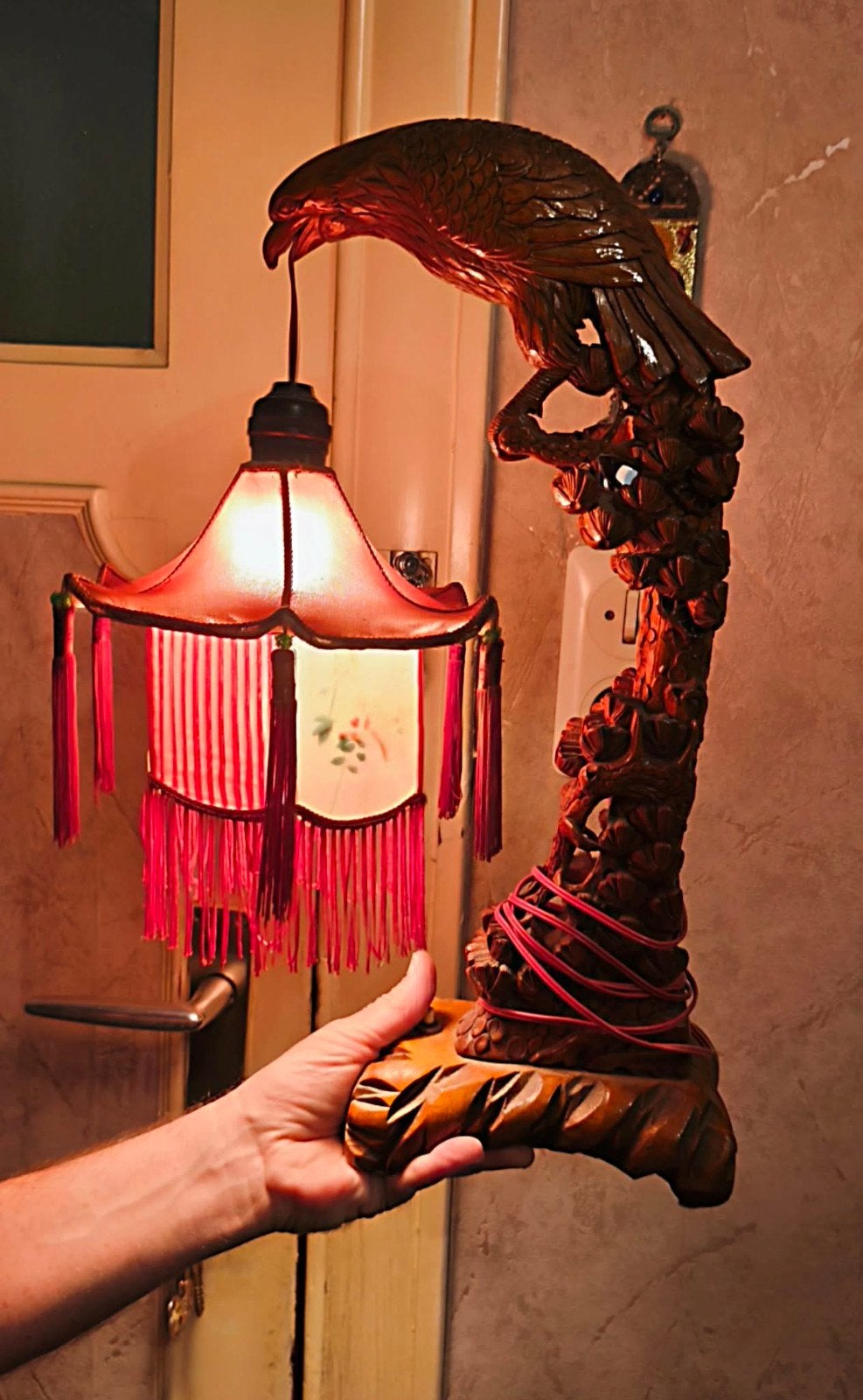 Vintage tafellamp van Chinese kunst, Ophalen, Hout, Rood