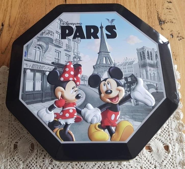 Achthoekig Disneyland Paris blik met Eifeltoren & Notre Dame, Verzamelen, Blikken, Ophalen of Verzenden, Gebruikt, Koek(jes), Overige merken