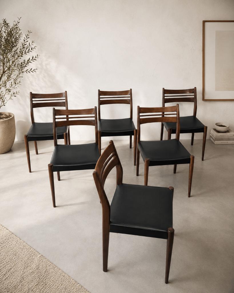 Suite de six chaises vintage scandinaves en teck, Comme neuf, Cinq, Six Chaises ou plus, Bois, Noir