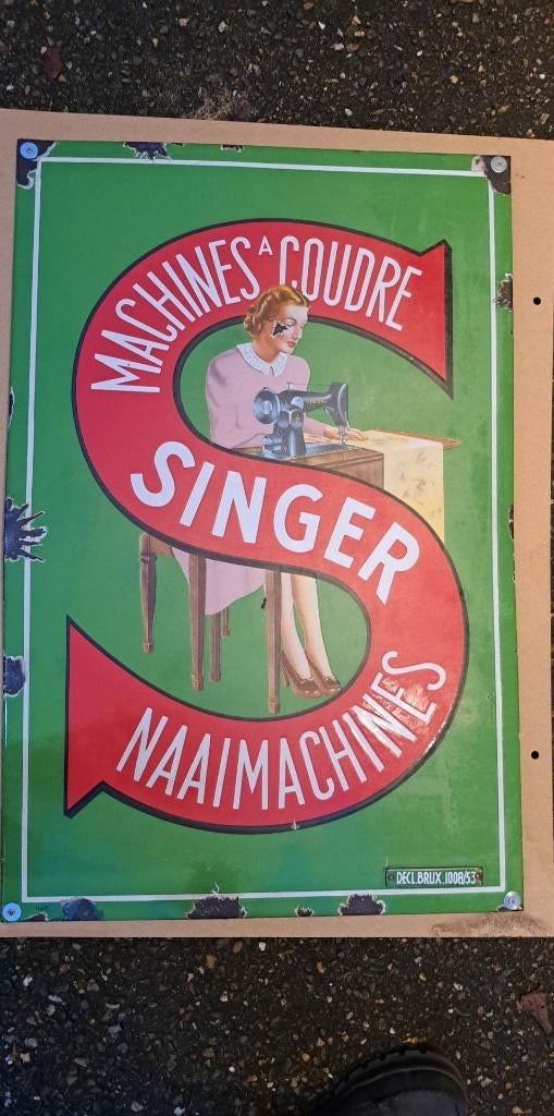 Singer naaimachines oud vintage emaillen reclame bord, Collections, Marques & Objets publicitaires, Utilisé, Panneau publicitaire