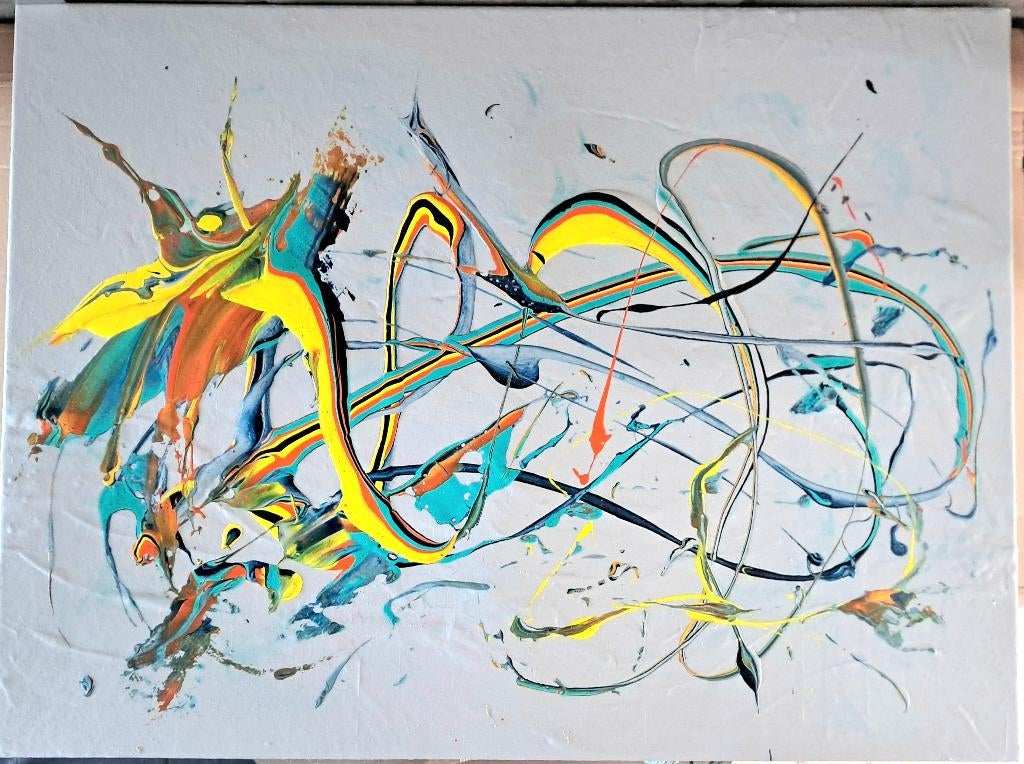 Abstract modern acryl canvas - 90*120cm geel/grijs/oranje, Ophalen